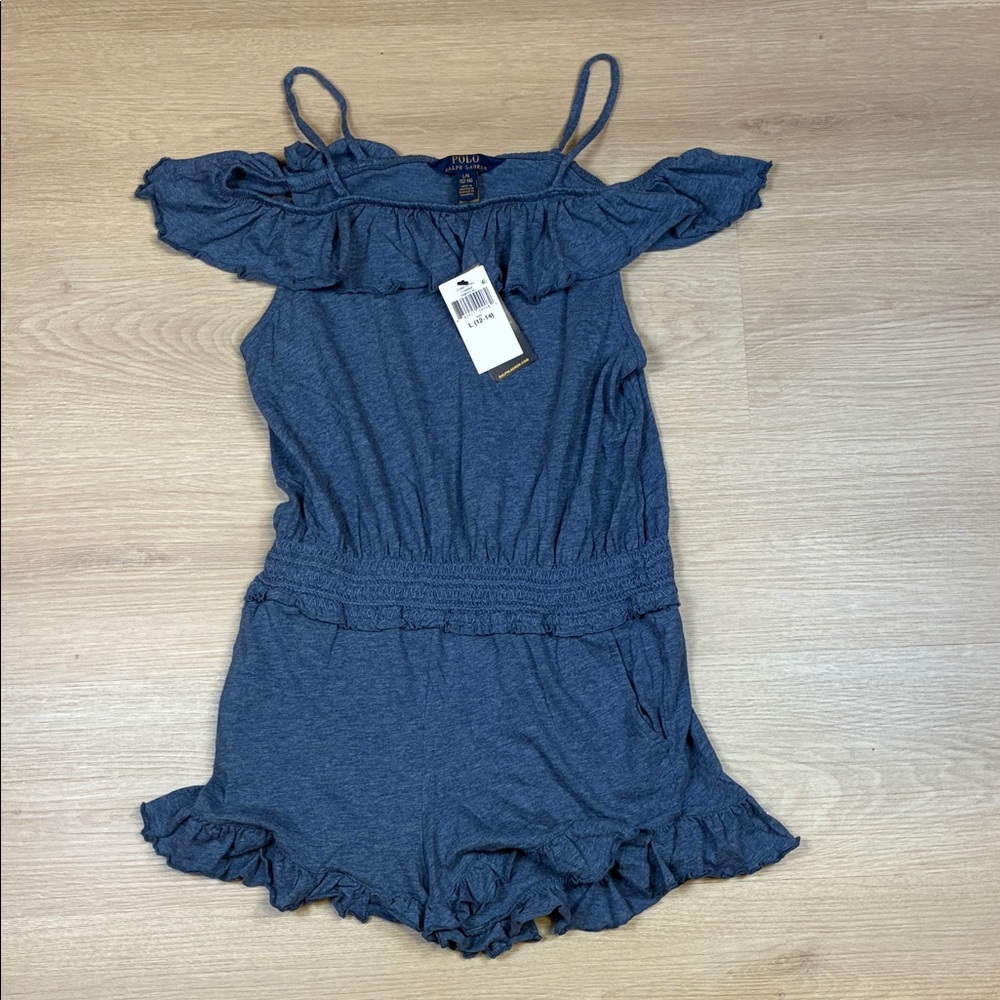 NWT Polo Ralph Lauren L 12/14 Blue Spaghetti Strap Off shoulder Ruffle Romper